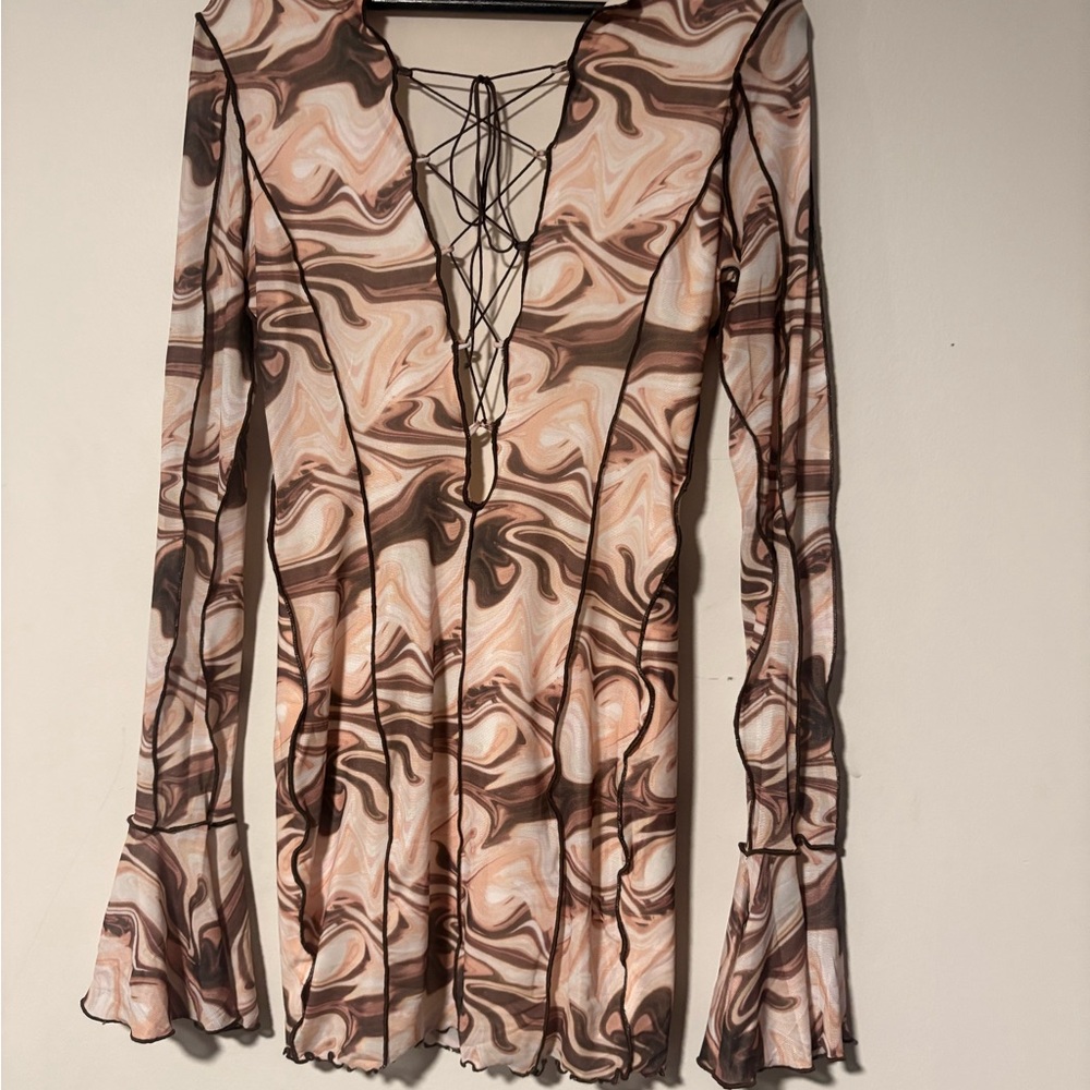 Asymmetrical Brown and Black Bell Sleeve Dress